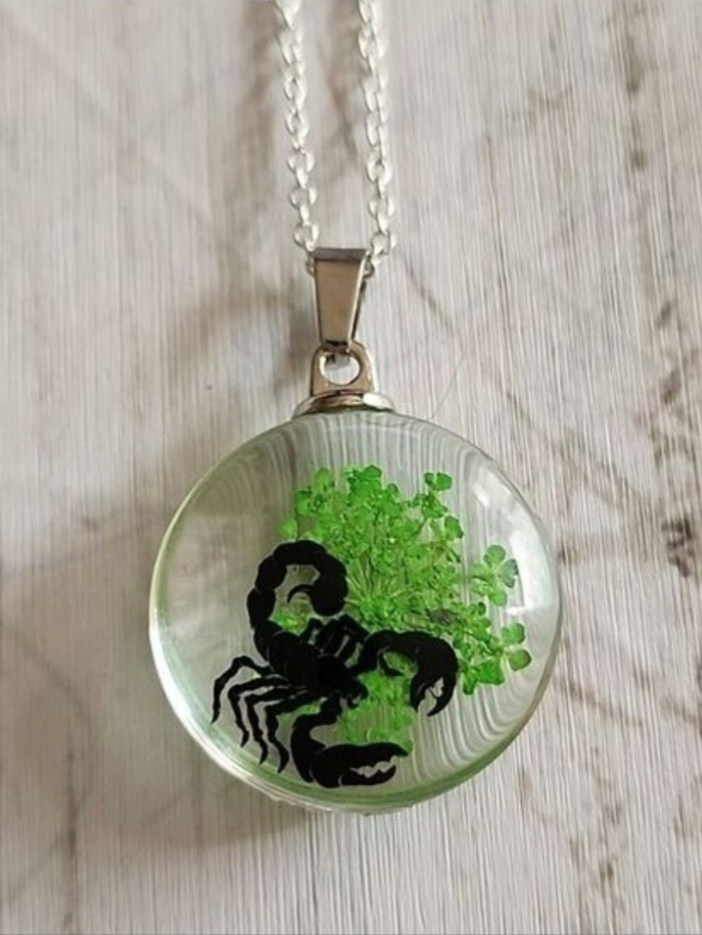 PRESSED Real flower and simulated Scorpion Necklace 925 Chain